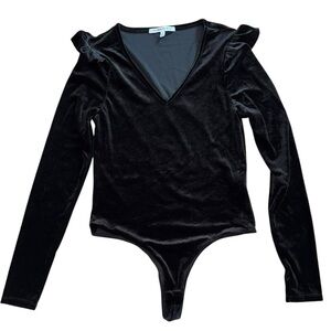 Celebrity Pink Black Velvet Ruffle Bodysuit Womens M Holiday Party Dance Festive